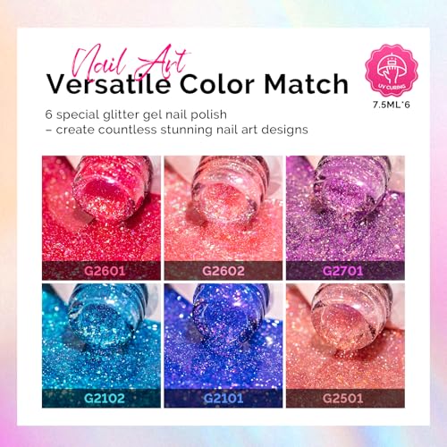 Image of MelodySusie 7.5ML Glitter Gel Nail Polish Set, 6 Colors Sparkle Gel Polish Kit Blue Purple Pink Glitter Gel Polish Gifts for Women Nail Art Manicure Salon DIY Nail Design Decoration at Home