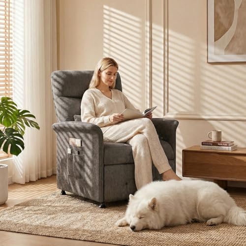 Image of Power Recliner Chair for Adults with Heat & Massage - Soft Fabric Electric Reclining Sofa with Remote Control, 180 Lay Sleeper 3 Side Pockets for Living Room Home Theater, Dark Grey