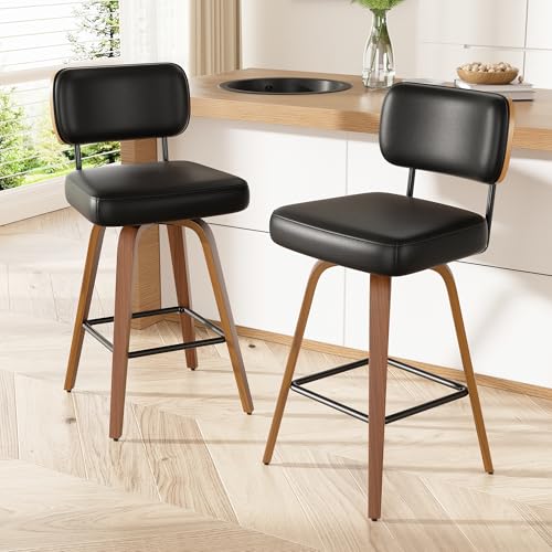 Image of Swivel Bar Stools Set of 2, 26 inch Upholstered Faux Leather Counter Height Barstools with Walnut Back & Bentwood Legs, Mid Century Modern Bar Chairs Island Stools for Kitchen Counter, Black