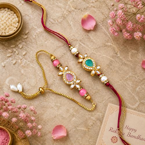 Image of Riddhika Ventures Glorious Gold Plated Religious Diamond Ring Rakhi || Traditional Rakhi Set of 2 & Festive Gift || Rakhi Gift Combo for Bhaiya Bhabhi (J4SM)