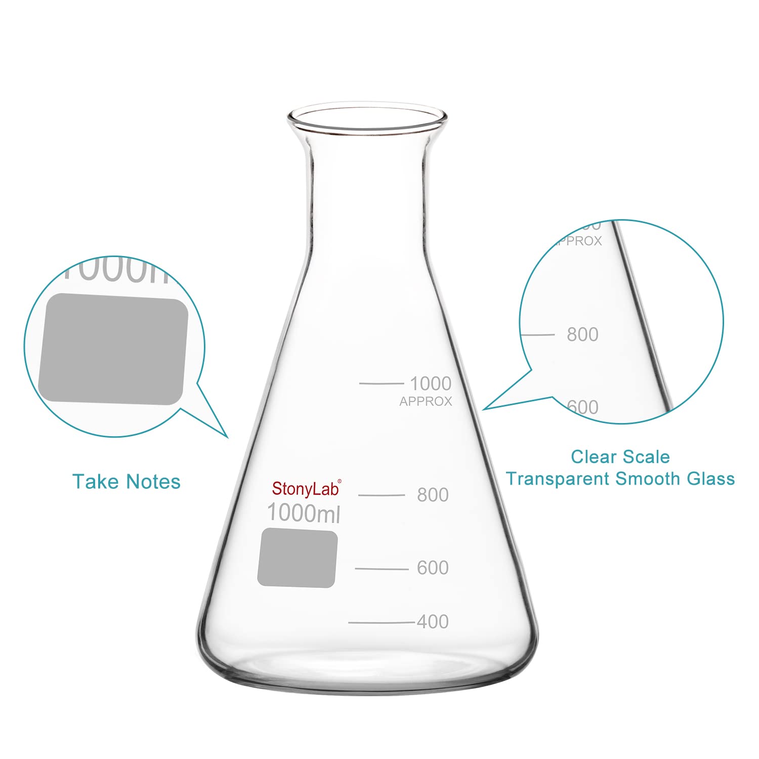 Matraz Erlenmeyer de Boca Ancha de Vidrio, 1000 ml, Borosilicato, Uso Pesado, 1 Pieza