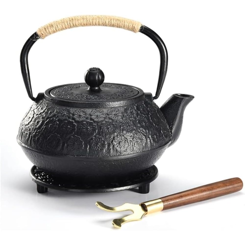 Poixmoc 南部鉄壺 桜鉄器 ティーポット 鉄製 鋳物 茶道道具 伝統工芸品 桜文様 ガスストーブ 炭火 直火対応 鉄分補給 高級 和風 ギフト (+フォークパッド,ブラック) : Home & Kitchen