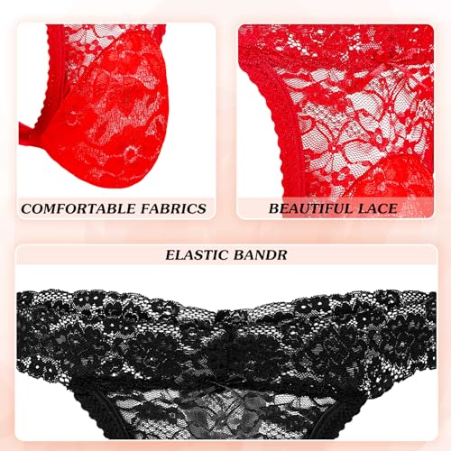 2 Pcs Sissy Men's Thong Underwear Lace Frilly Thongs Sheer Mesh Bikini Briefs G-string Lace Panties Men, Black, Red4