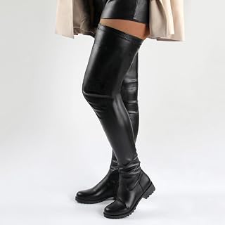 YINGLAN Women's Over the Knee High Boots - Sexy Stretch Faux Leather Zipper Round Toe Low Chunky Heel Thigh High Riding Boots