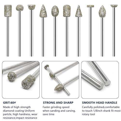 Aoyswuz 20 Stück Diamond Schleifstifte Set 1/8 Zoll Schaft Rotationsfräser Bohrfräswerkzeug Set, Diamant Fräser Set für Schleifen, Gravieren