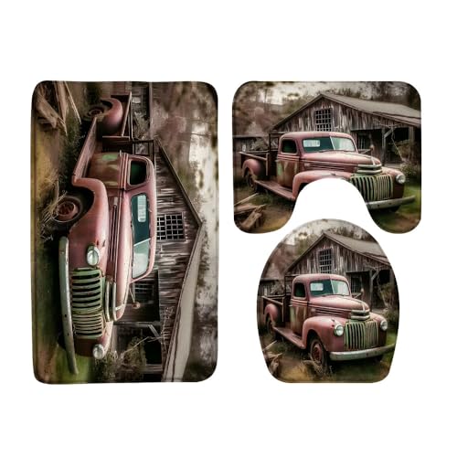FGYGYK Vintage Farm Truck 3 Pcs Bath Rugs Set,Rustic Barn American Old Antique Car Farmhouse Country Retro Bathroom Kitchen Rug with 17.8