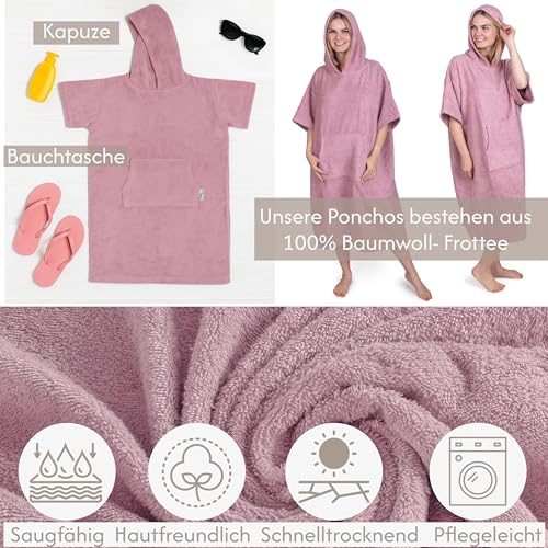 CalmyBEACH Frottee Badeponcho Damen Herren - Strandponcho 100% Baumwolle Surf Poncho Erwachsene Handtuch Kapuze Bade Surfponcho Bademantel (Altrose, S/M)