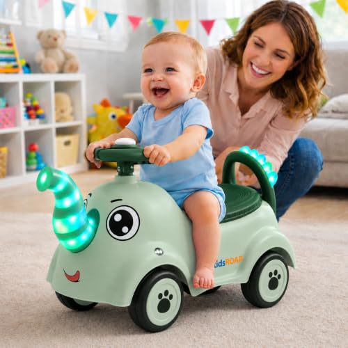 Image of kidsROAR Push Ride On Car for Kids 1-5 Years | Baby Push Car with Music, 3D Lights & Backrest | Premium Ride On Toy Supports Up to 35kg (Big Elephant, Green)