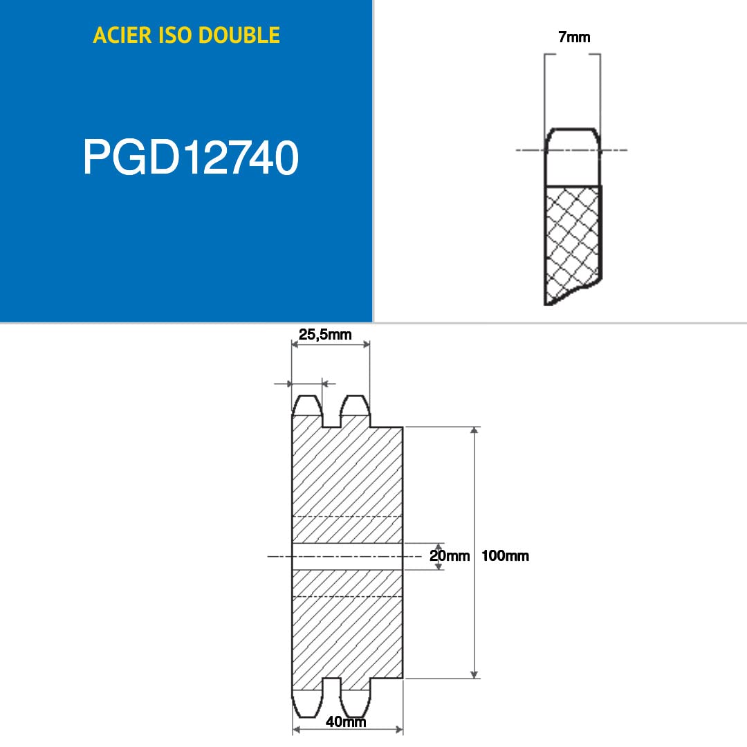 CMW - Piñón pretaladrado - Acero - Dentado doble - 08B2-40 dientes - Paso 12,7 mm con agujero 20 mm