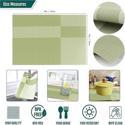 Image of Potency Table Mats Set of 4, Woven Placemate for Dining Table, Heat-Resistant Placemats Stain Resistant Anti-Skid Washable PVC Table Mats, Vinyl Placemats for Dining Kitchen Restaurant Table (L-Green)
