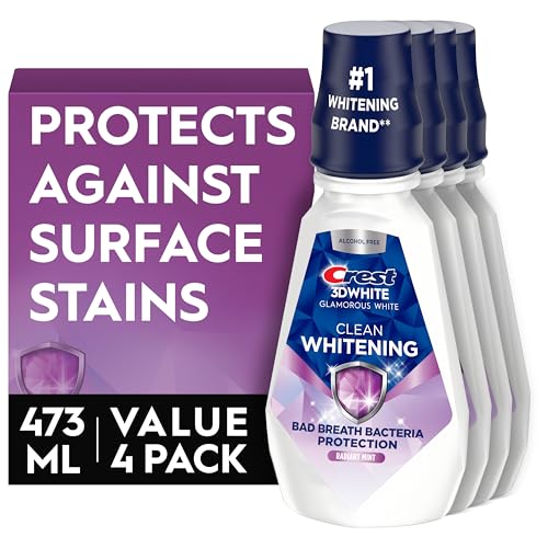Crest 3D White Glamorous White Alcohol Free Multi-Care Whitening Mouthwash, Hydrogen Peroxide Mouthwash, Arctic Mint, 16 fl oz (473 mL) - Pack of 4, Crest Mouthwash