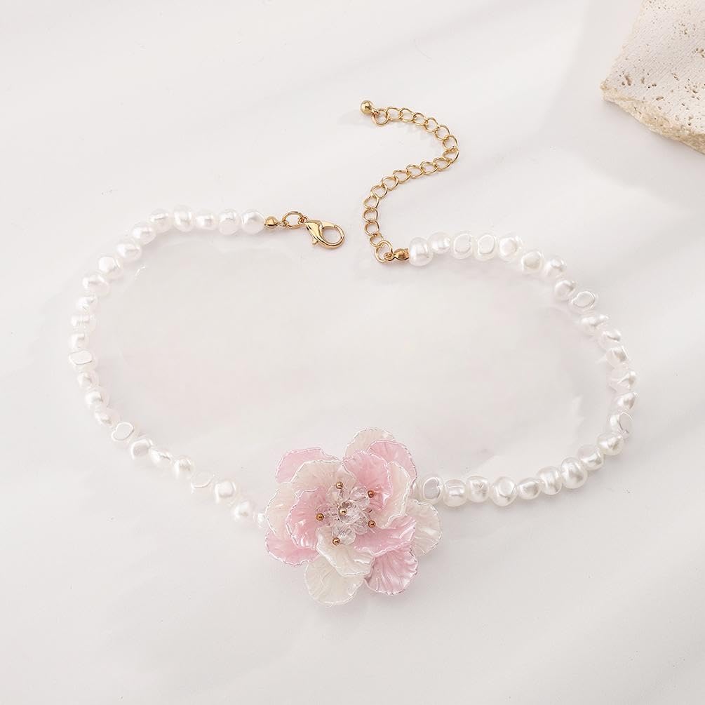 Delicate Large White Shell Pearl Flower Choker Necklace for Women, Trendy Colorful Floral Zircon Beaded Pearls Chain Necklaces Boho Party Prom Jewelry - Image 3