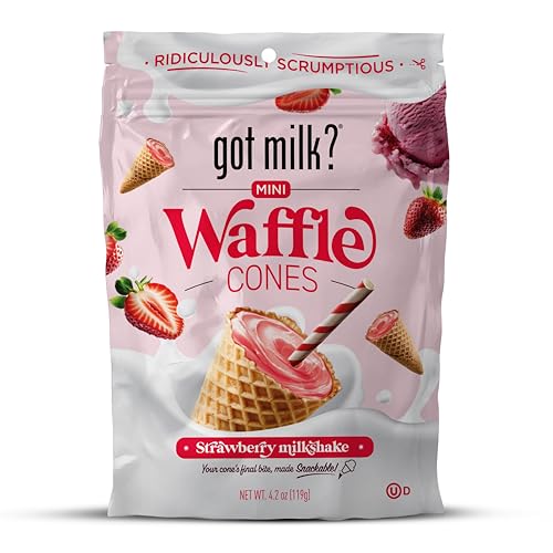 got milk? Mini Waffle Cones, Strawberry Milkshake, 4.24 Oz. Resealable Bag, Delicious White Chocolate Filled Cocoa Waffle Bites, Mini Ice Cream Cones for Dessert or Snack, Retail Pack