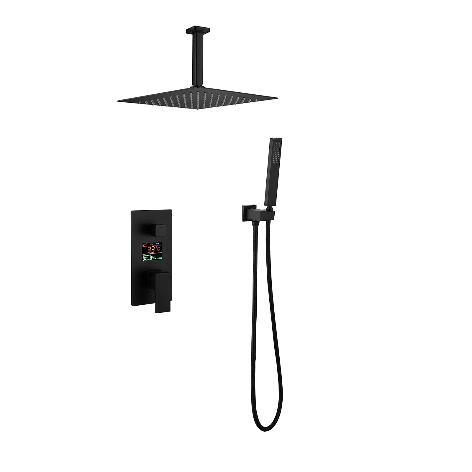 Set doccia con display digitale, montaggio a soffitto, set da bagno con soffione doccia in acciaio inox, doccetta a mano, scatola integrata, nero, 30,5 cm