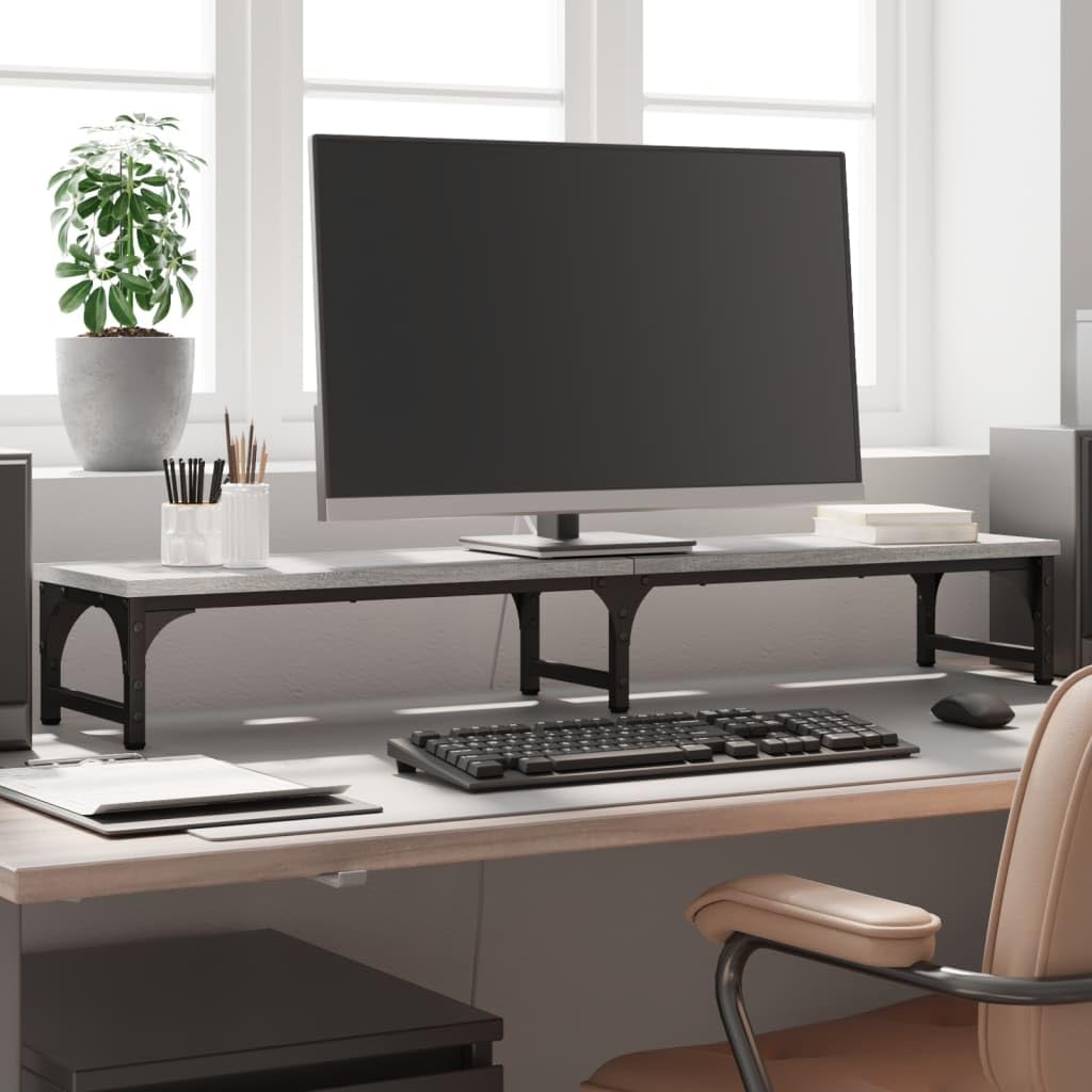 Supporto per monitor grigio Sonoma in legno e metallo, 105 x 23 x 15,5 cm, per scrivania per computer, scrivania, tavolo per laptop, home office e altezza ergonomica dello schermo