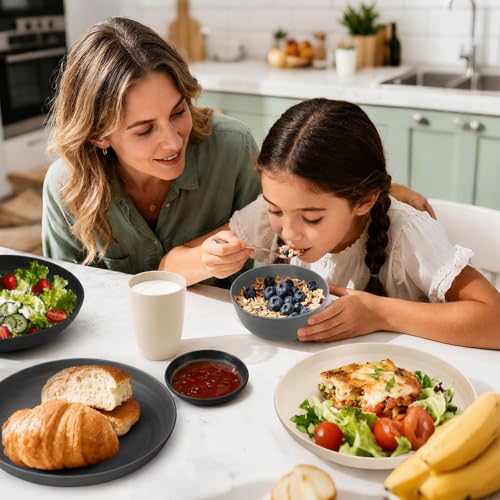 Image of Wheat Straw Dinnerware Sets 16 PCS - Unbreakable Kids Plates and Bowls Sets for 4,Dishwasher & Microwave Safe Modern Lightweight Toddler Plates and Bowls Set for RV,Travel,Camping - Grey Stone