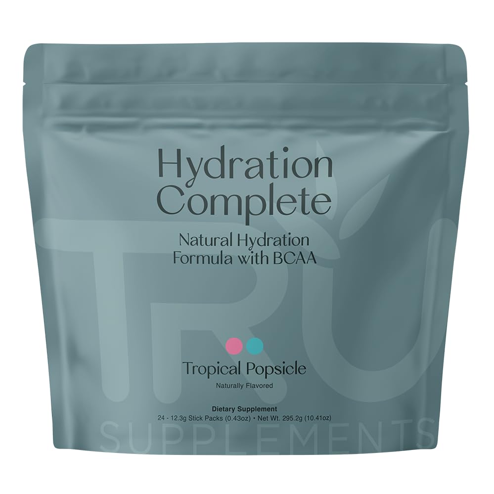 TRU Supplements Hydration Complete BCAA, Plant Based Amino Acids + Pink Himalayan Salt, Electrolytes & L-Carnitine, Vegan, Zero Calories, No Artificial sweeteners, 24 Servings, Tropical Popsicle