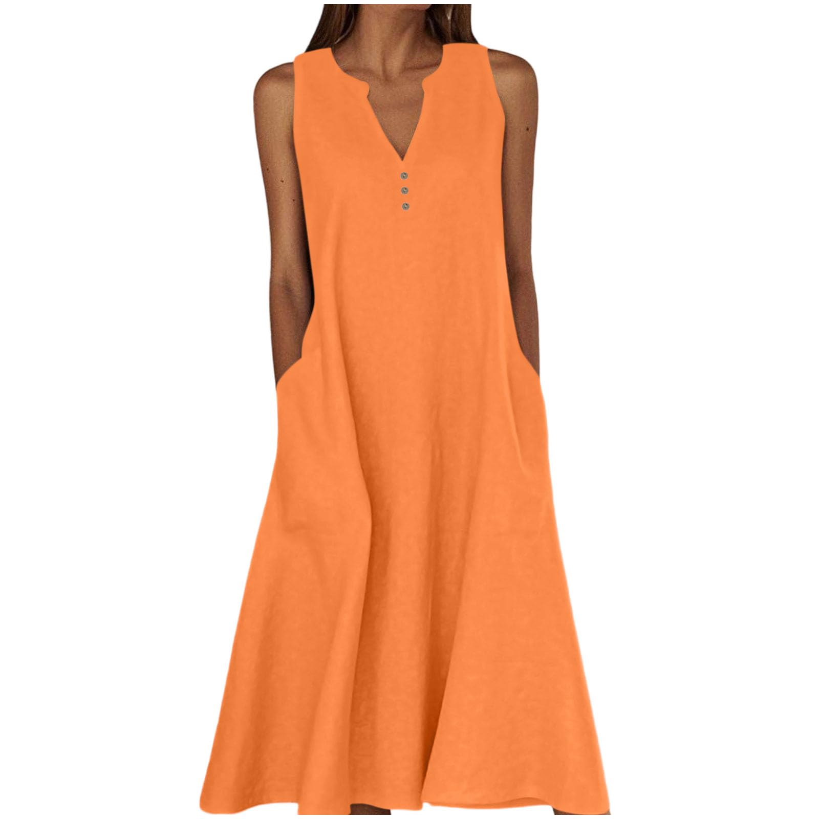 Sommerkleid Damen Lang,Ärmellose Maxikleid V-Ausschnitt Tankkleid Strandkleider Hohe Taille Lange Lockere Knielang Kleid Elastischer Taille Basic Solide Freizeitkleid T Shirt Tunikakleid mit Taschen