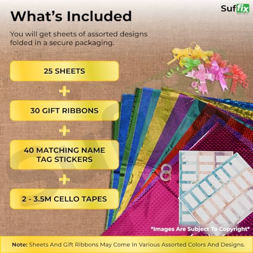 Image of Suffix Retail - 25 PCS Gift Wrapping Sheets - Holographic Patterns - 40 Nametag Stickers, 30 Ribbons For Gift Packing & 2 Clear Tape | Gift Wrap Sheets - 45CM x 65CM (25)