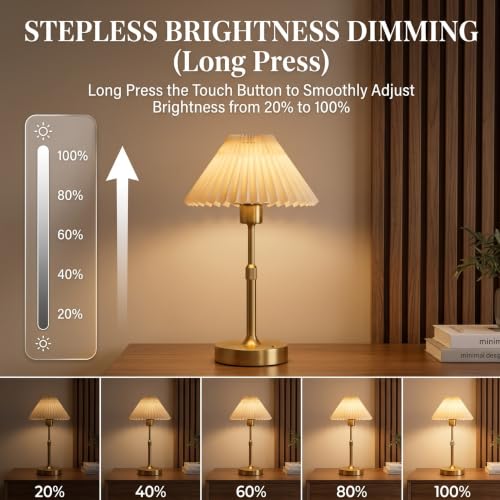 Image of NYRWANA Rechargeable Pleated Table Lamp | 2000mAh Battery | USB Charging | Stepless Dimming | Warm LED Bedside Lamp for Bedroom, Living Room, Study Table & Home Decor (Gold)