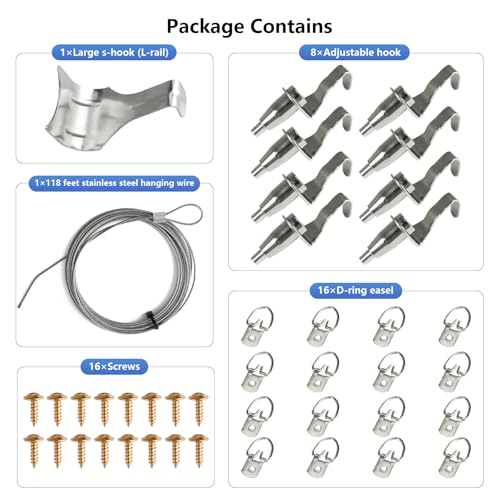 Image of One Wire for 8 Frame Hanging System, 10FT Stainless Steel Wire with 8 Pcs Adjustable Picture Rail Molding Hanger