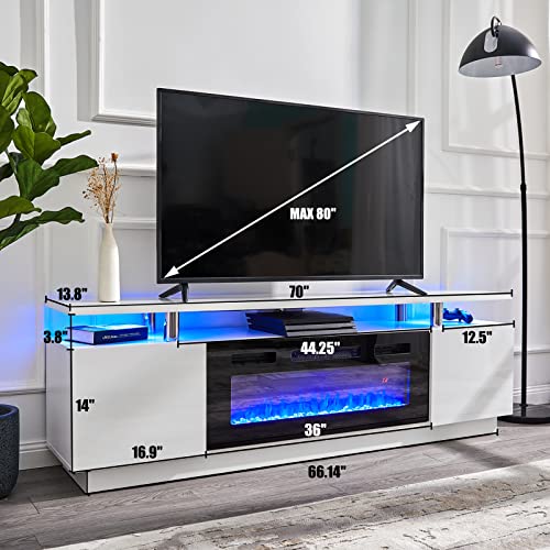 Amerlife Fireplace Tv Stand With 36In Fireplace, 70In Modern High Gloss Entertainment Center Led Lights, 2 Tier Console Cabinet For Tvs Up To 80In, White #TOP5