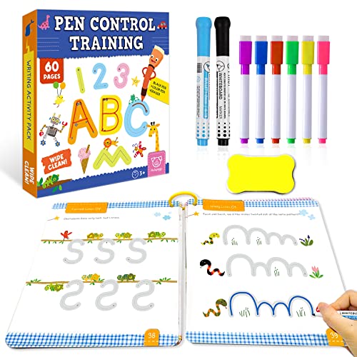 Image of Hulupiggy Preschool Learning Activities 60 Reusable Pages, Tracing Letter Number Handwriting Practice Book for Kids, Montessori Autism Educational Fine Motor Toddler Learning Toys for 3 4 5 Year Olds