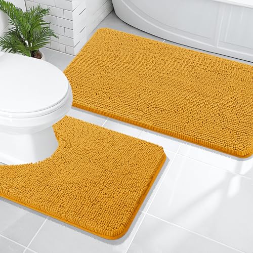 Image of OLANLY Bathroom Rugs Sets 2 Piece, Soft Absorbent Chenille Bath Mats and U-Shaped Contour Toilet Mat Area Rug Set, Machine Washable Bath Carpet, Home Decor Accessories(47 inchx20 inch+24 inchx20 inch, Golden Yellow)