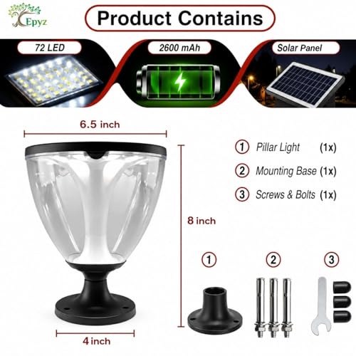 Image of Epyz Solar Gate Pillar Light Outdoor Waterproof Square Shape,2600mah Battery, 3 Type of Lights, Application for Fence, Garden, Wall, Outdoor [ 72LED, Multicolour ]