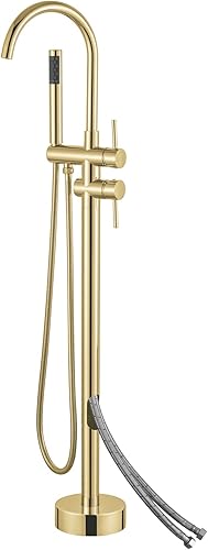 Grifo de bañera de oro pulido independiente para bañera, relleno de bañera, grifos de latón con ducha de mano y boquilla giratoria, líneas de agua