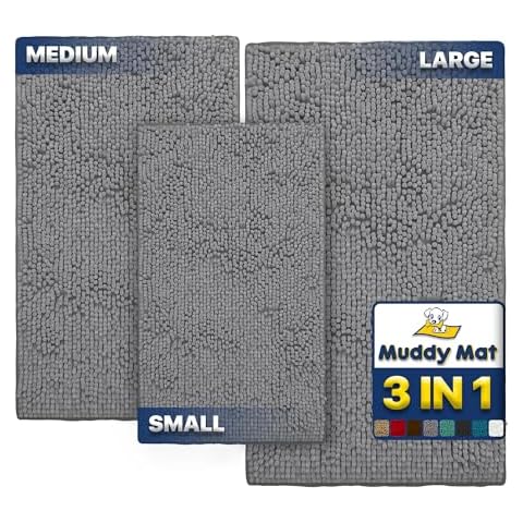 Muddy Mat® Pack of 3 Highly Absorbent Microfiber Dog Door Mat and Pet Rug, Non Slip Thick Washable Area Mat Soft Chenille for Kitchen Bathroom Bedroom and Outdoor - Grey Small, Medium & Large Cover