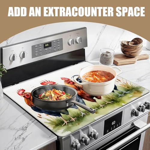 Image of Rustic Rooster Stove Top Covers for Electric Stove,Farmhouse Electric Gas Stove Pad Heat Resistant Range Cooktop Protector for Home Decor Kitchen 28 inchx20 inch