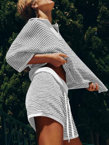 Image of Tankaneo Womens Sweater Set 2 Piece Outfits Oversized 3 /4 Sleeve V Neck Knit Tops High Waisted Shorts Lounge Sets