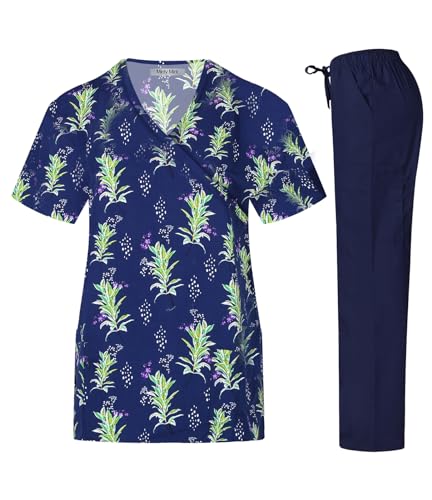 Minty Mint Women's Microfiber Printed Medical Scrub Set V-Neck Top and Pants Navy 2XL