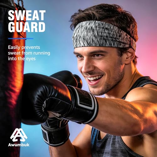 Image of AWUMBUK Sports Headbands for Men, Sweat Bands Headbands Men Absorbent Head Band Stretchy Sweatbands 5 Pack Hair Band Workout Football Running Cycling Fitness (Dark Blue)