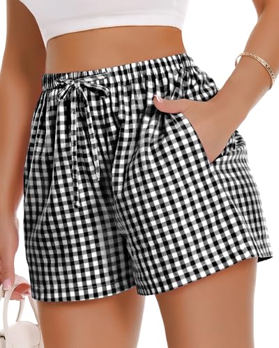 Image of Women Boxer Shorts Gingham Drawstring Pajama Bottom Plaid Pants with Pocket