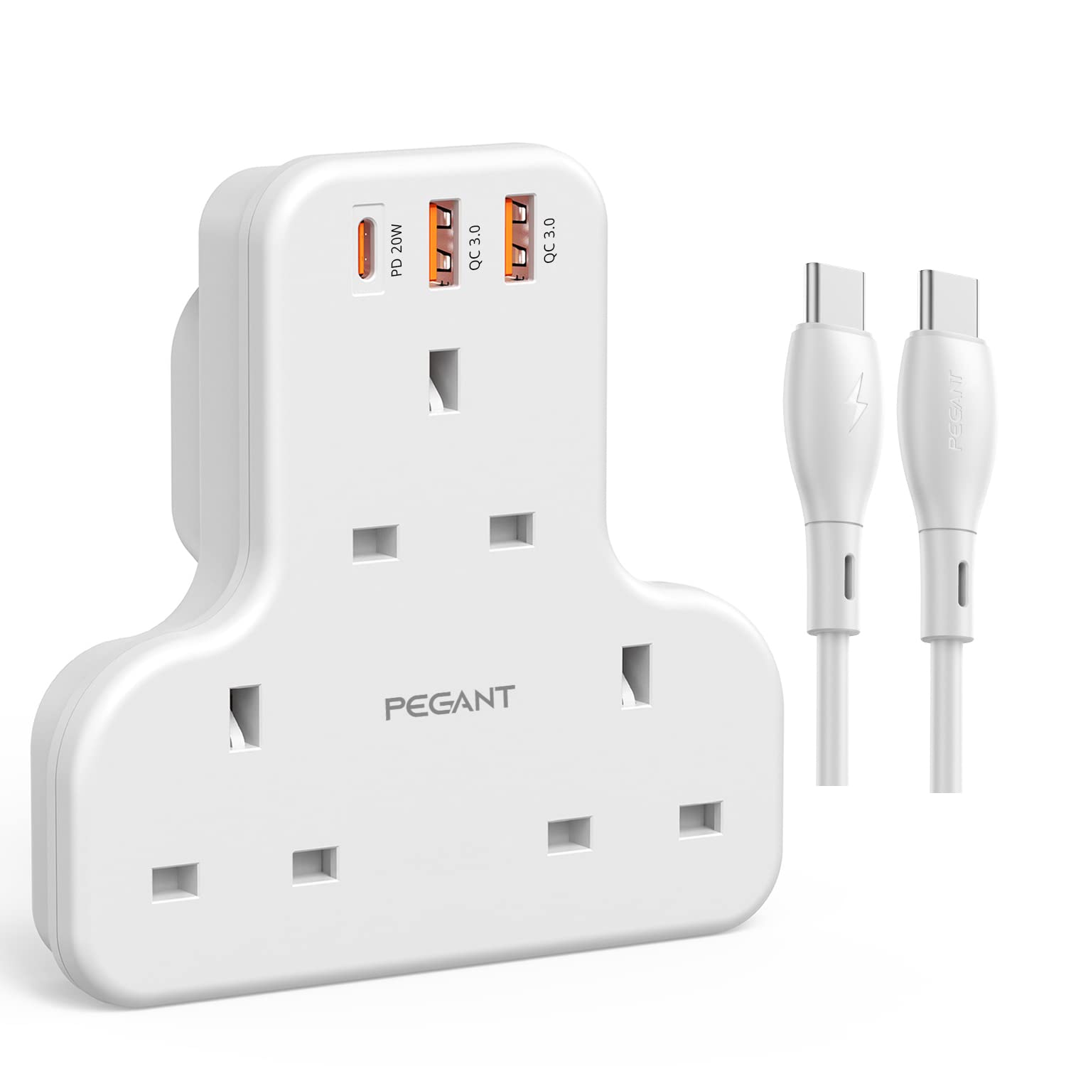 PEGANT Multi Plug Extension Power Adapter with USB-C to USB-C Cable, 2x USB-A and 20W USB-C Ports, 3 Way Wall Charger Electrical Extender Outlet Adaptor (USB-C to USB-C Cable)