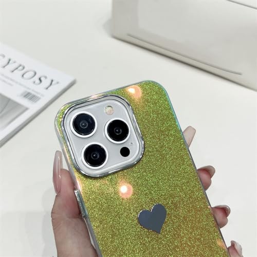 Coque Rigide PC Miroir Scintillant Cœur d'Amour pour iPhone 14 Pro et Plus Cadre Galvanisé Bleu