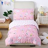STYHO Rainbow Print Duvet Cover Sets Hearts Pattern Girls Bedding Set Soft Breathable Bed Collection Toddler/Junior/Cot Pink Reversible Cot Bed Quilt Cover