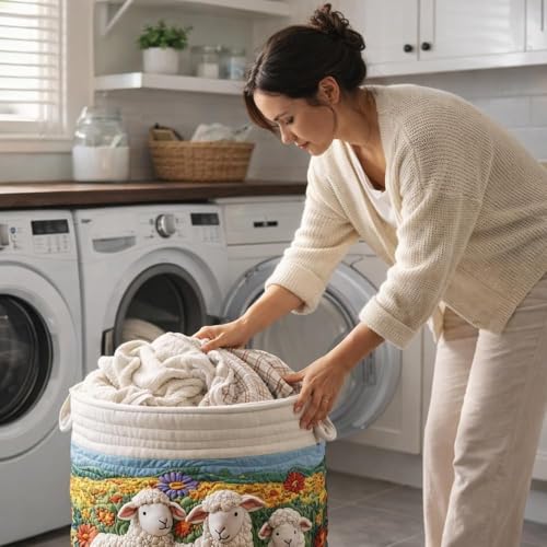 Image of Quilted Laundry Basket With Handles,boho storage basket,quilted basket