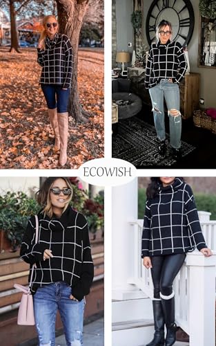 Image of ECOWISH Women Fall Pullover Sweater Turtleneck Plaid Long Sleeve Loose Casual Chunky Checked Knit Winter Sweaters Jumper Tops