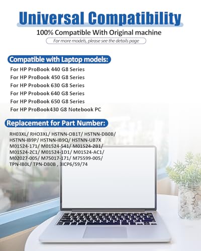 Image of 45Wh RH03XL M02027-005 Laptop Battery Replacement for HP ProBook 430 440 445 450 630 640 650 G8 Series HSTNN-IB9Q HSTNN-UB7X M01524-2B1 M01524-AC1 M01524-1D1-11.4V 3790mAh 3-Cell