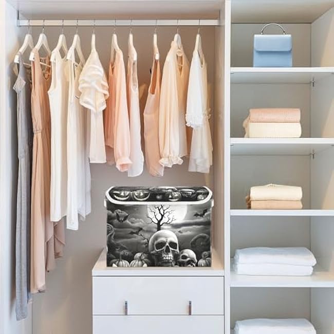 Skull Pumpkin Night Lidded Storage Bins with Handles - 16.5x12.6x11.8 Foldable Organizing Box, Oxford Fabric & Honeycomb Board, Dust-Proof Flip Lid for Closet/Office