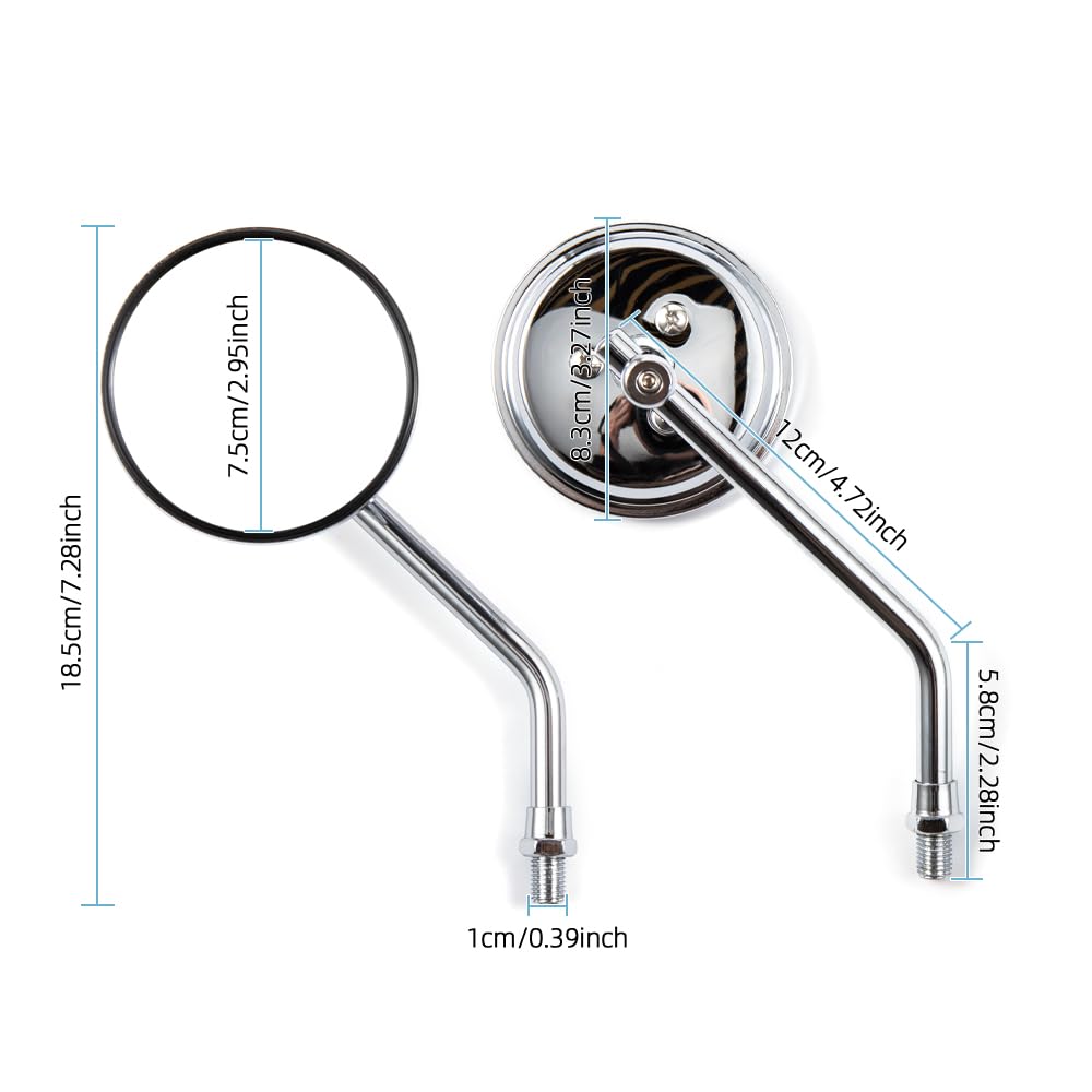 Rétroviseur de moto rond chromé de 3" avec vis de 10 mm pour guidon de moto - Pour scooter, ATV, Cafe, Racer, Dirt Bikes