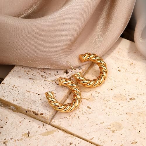 Image of Shining Diva Fashion Anti Tarnish Jewellery Celebrity Inspired 14k Real Gold Plated Simple Plain Link Chain Chunky Huggie Hoop Trendy Stylish Copper Earrings for Women Girls