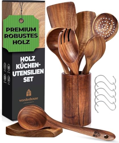 Holz Kochbesteck-Set mit Halter, Pfannenwender Kochlöffel...