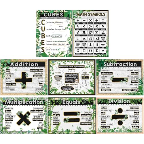 Image of Pasimy 8 Pcs Eucalyptus Math Posters Greenery Math Bulletin Board Set Motivational Classroom Decor for Back to School Elementary Preschool Teacher Library Supplies