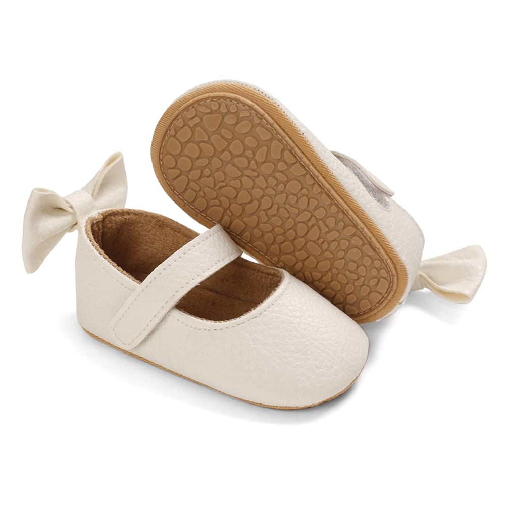 MK MATT KEELY Baby Girl Shiny Mary Jane Lovely Baby Sandals Soft Sole Toddler Shoes First Walkers Crib Shoes,White Bow 6-12 Months