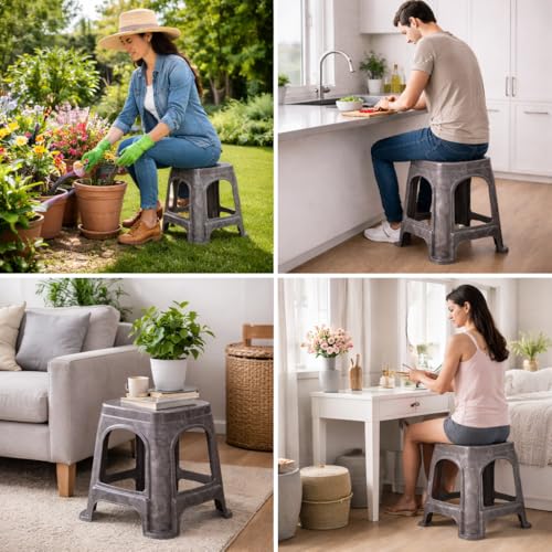 Image of PulGos Pack of 1 Grey Plastic Sitting Stool for Home, Office & Outdoor Use | Compact, Lightweight & Durable Stool for Adults & Kids | Use as Footrest, Side Table, Extra Seating for Living Room