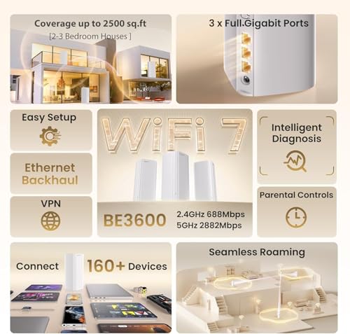 Image of Tenda WiFi 7 Mesh System BE3600 - Dual Band Mesh WiFi System for Home, Seamless Mesh Network with 3 Gigabit Ports, Supports 160+ Devices, MLO, VPN, 4K QAM, ME3 Pro (1-Pack)